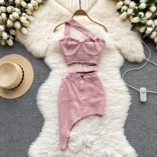 Pink Sling Top Irregular Skirt Stylish Two-piece Suit