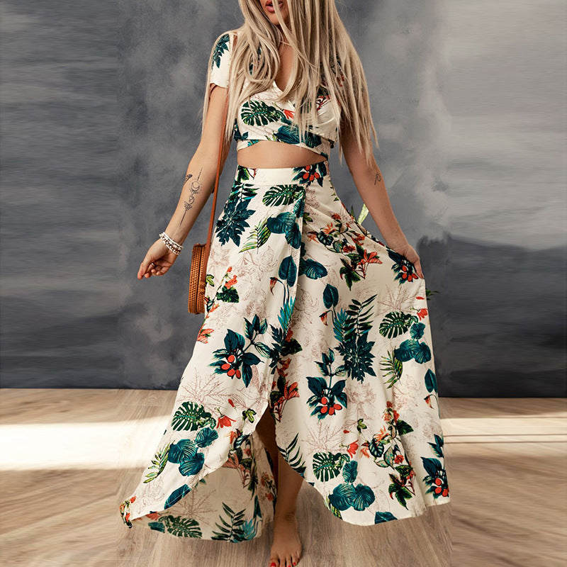 Floral Print V-neck Short Sleeve Top High Waist Skirt