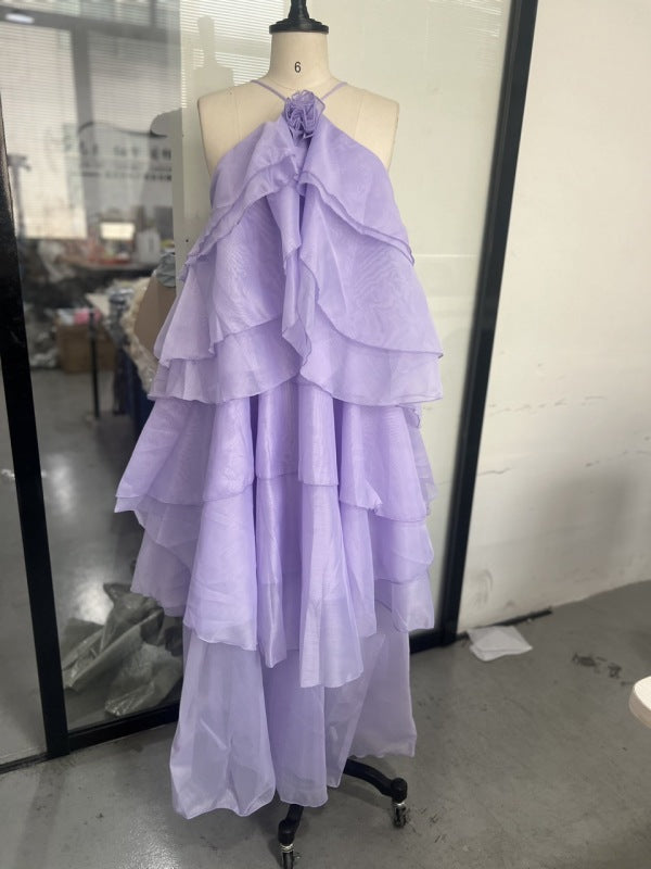 Elegant holiday style halterneck 3D floral suspender dress