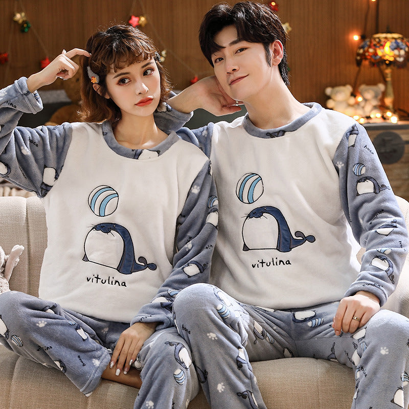 Couples Warm And Velvet Thickened Flannel Home Service Pajamas Set