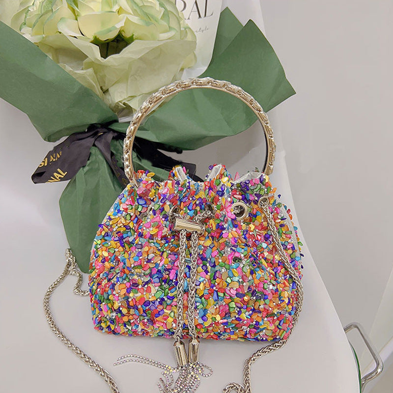 Chain Tassel Sequins One Shoulder Bucket Bag