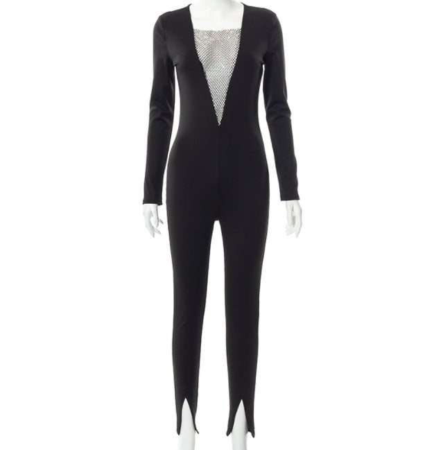 V Neck Long Sleeved Split Jumpsuit