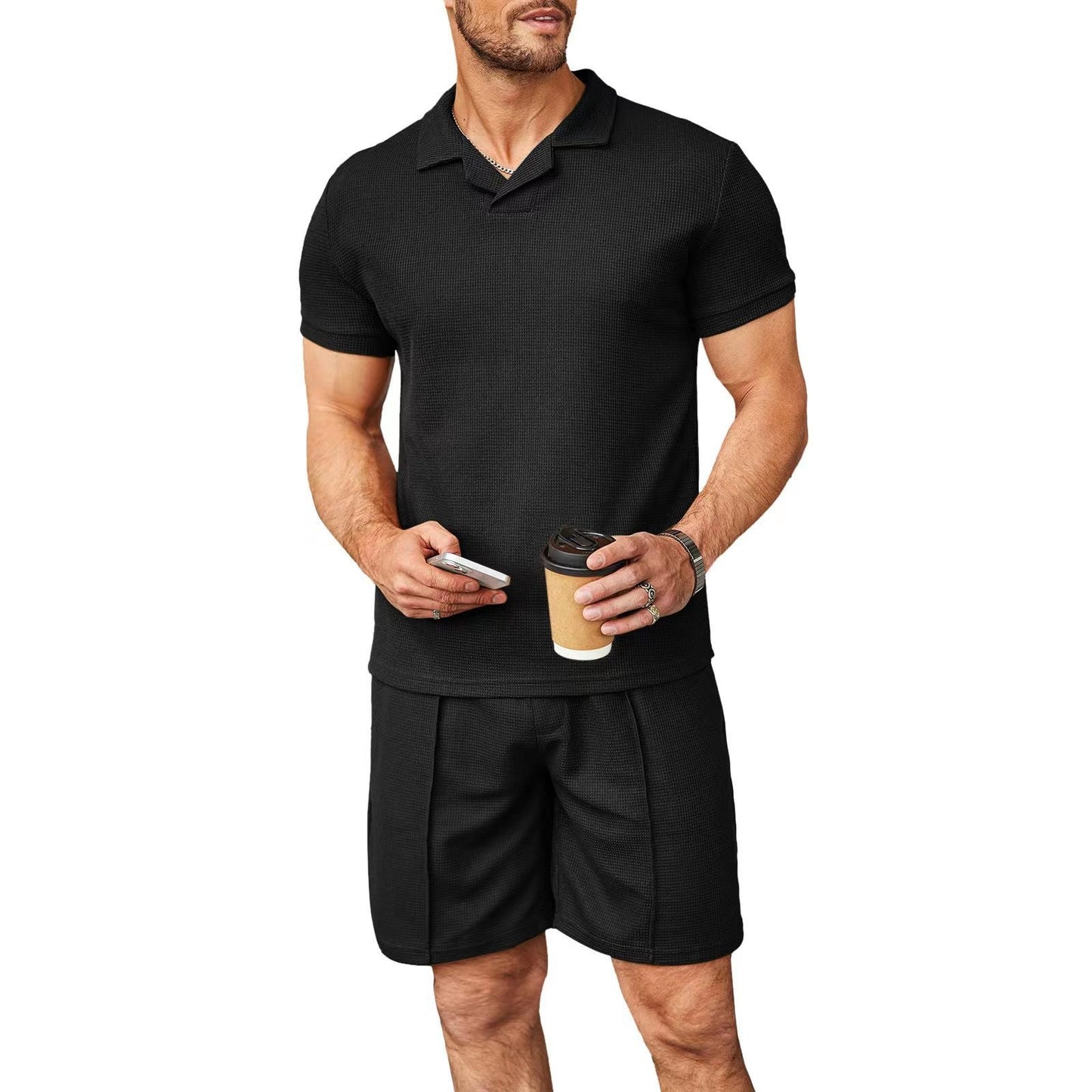 2pcs Suit - Men V Neck Polo Short Sleeve Shirt and Shorts