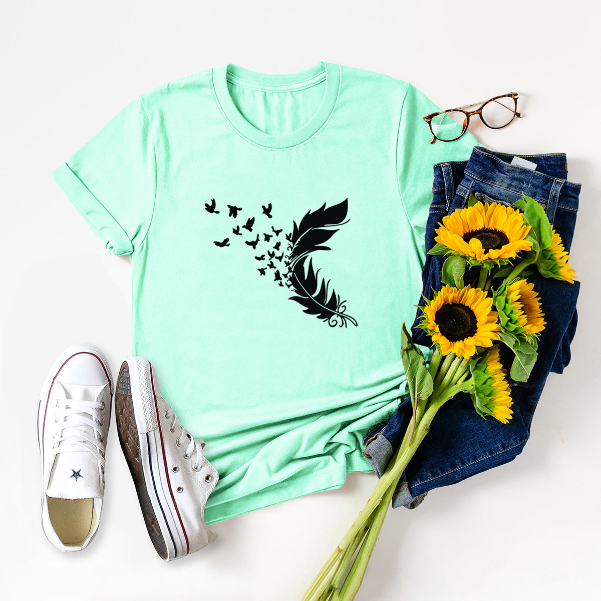 Summer Plus Size Women New Feather Print T-Shirt