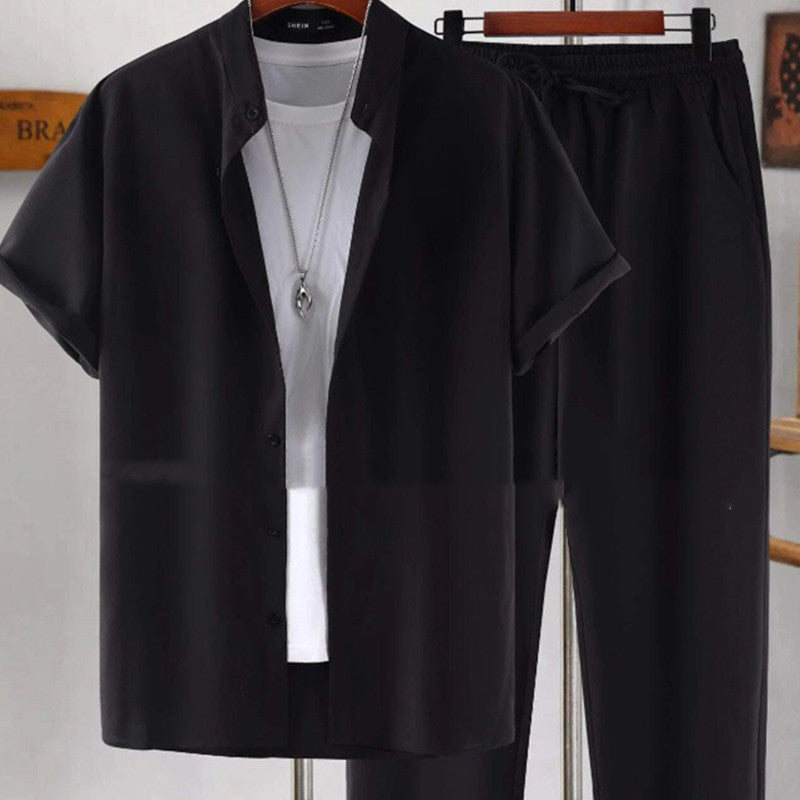 Men's Short Sleeve Cardigan Stand Collar Shirt Pants Suit