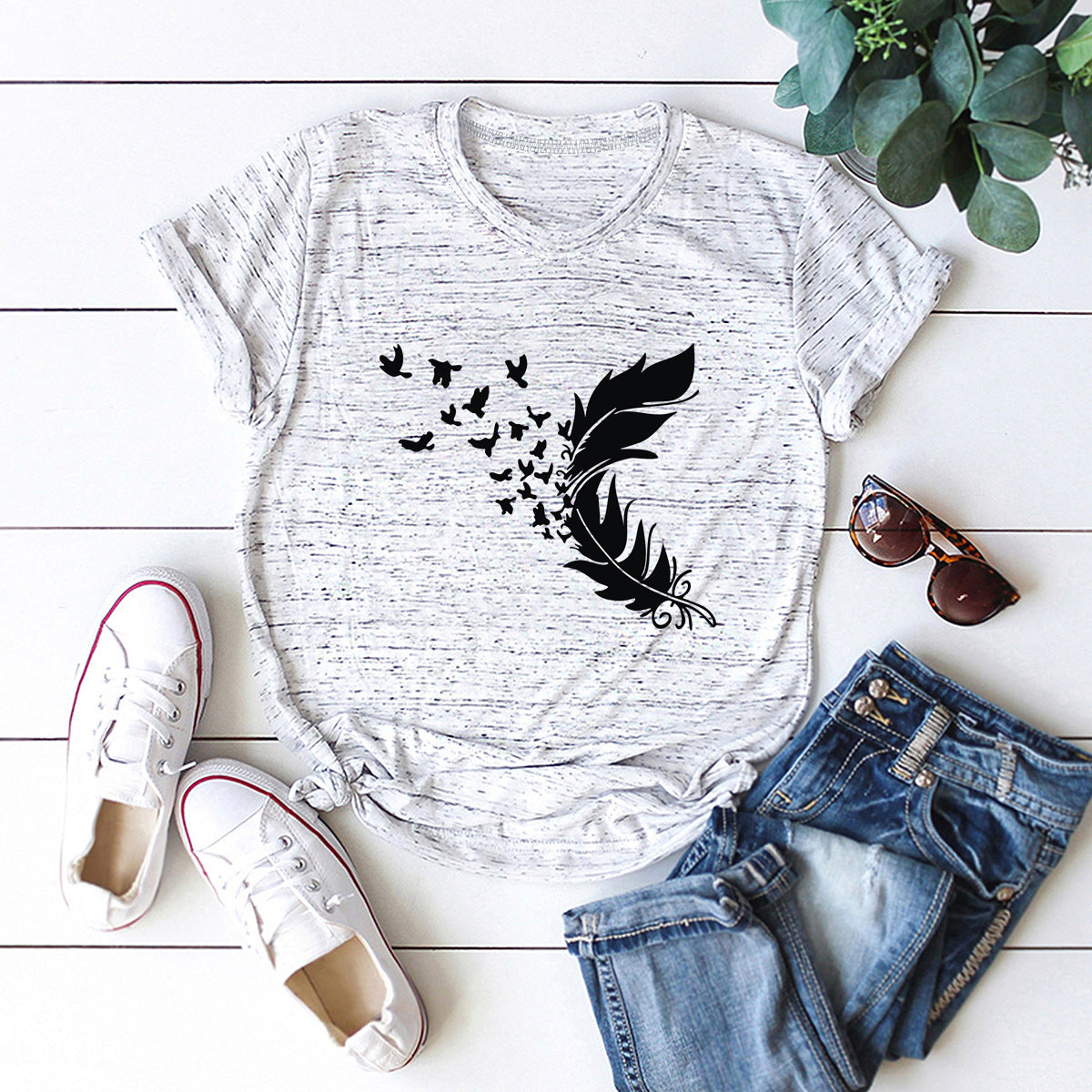 Summer Plus Size Women New Feather Print T-Shirt