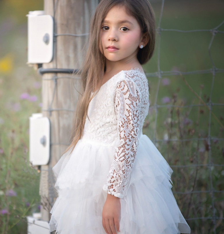 Girls Lace Long-sleeved White Princess Dress