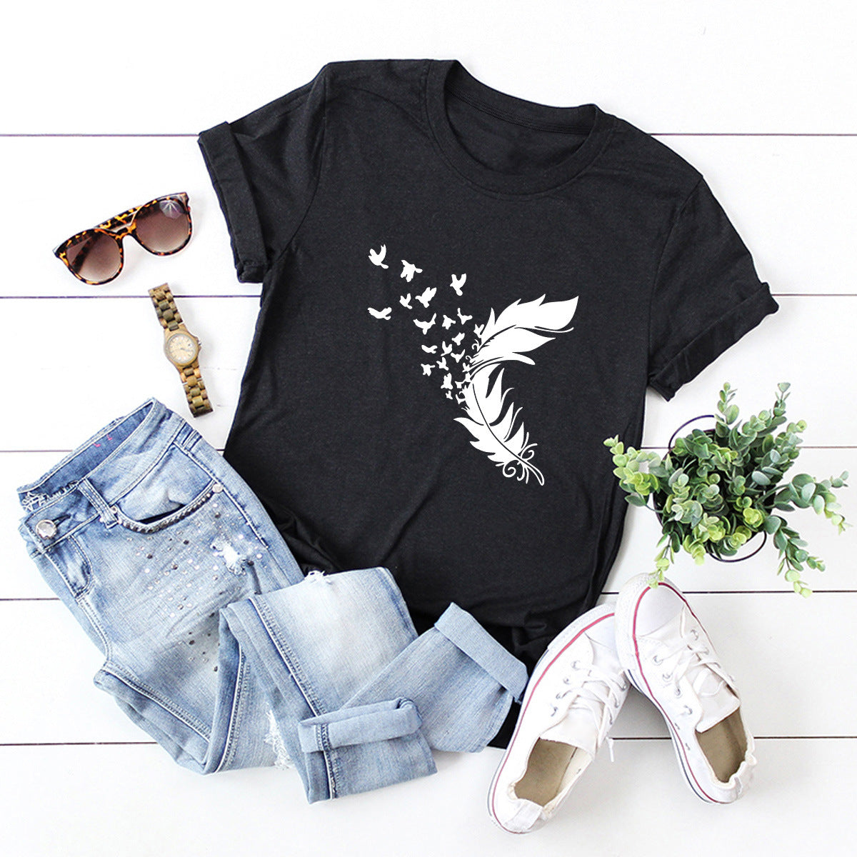 Summer Plus Size Women New Feather Print T-Shirt