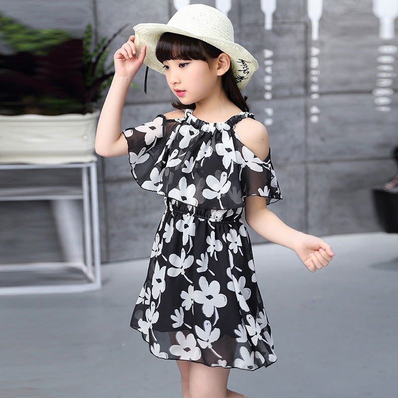 Girls Korean Sling Dress Childrens Flower Chiffon Dress