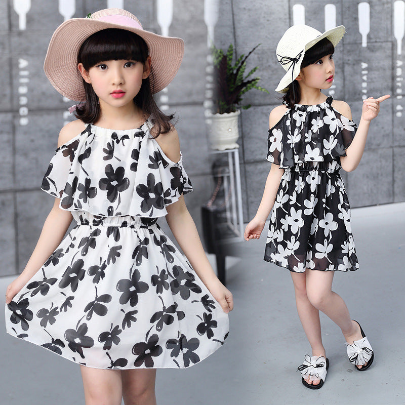 Girls Korean Sling Dress Childrens Flower Chiffon Dress