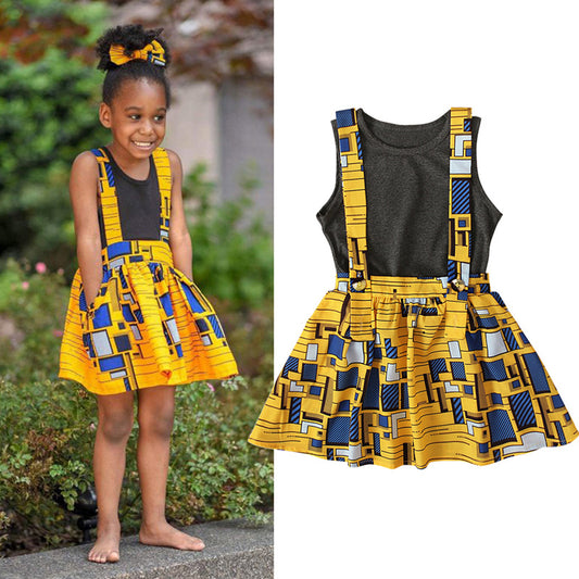 Girls Sleeveless Vest Top African Bohemian Style Strap Dress Two-piece Set