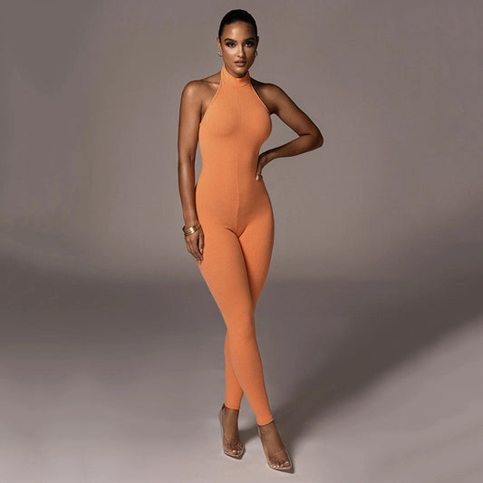 Sleeveless Halterneck Slim-fit Solid Color Jumpsuit