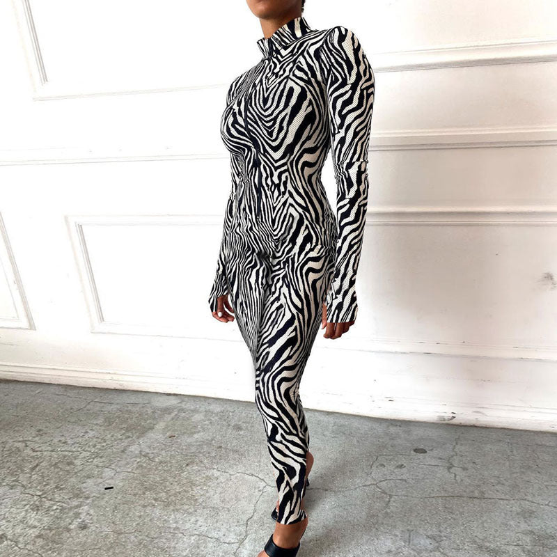 Fashion Printed Zipper Jumpsuit