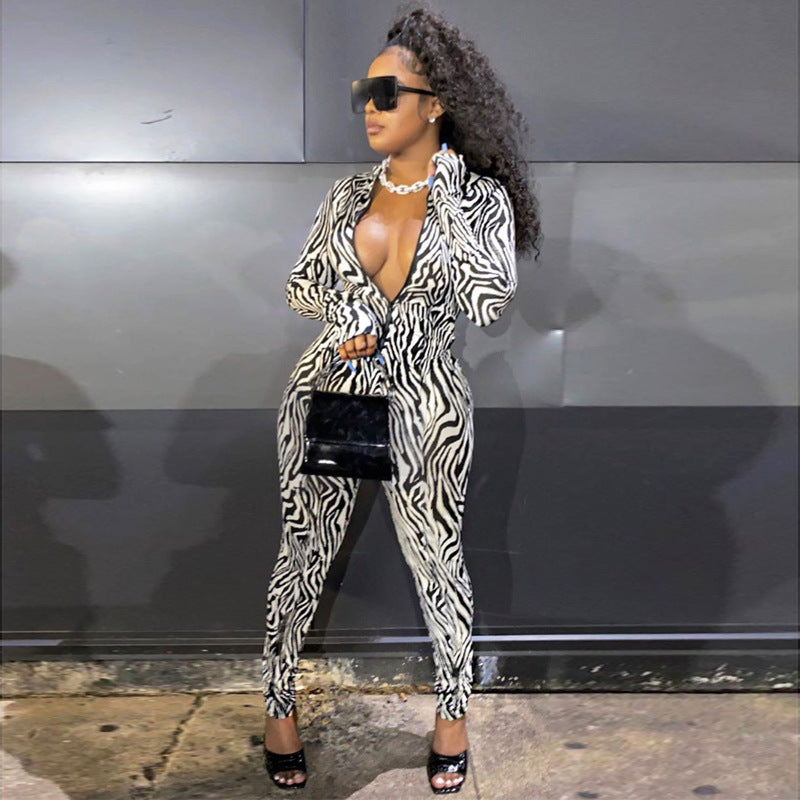 Fashion Printed Zipper Jumpsuit