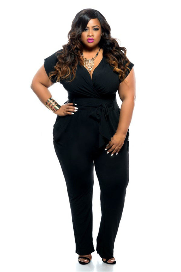 Plus Size V-neck Women's Clothing Solid Color Jumpsuit