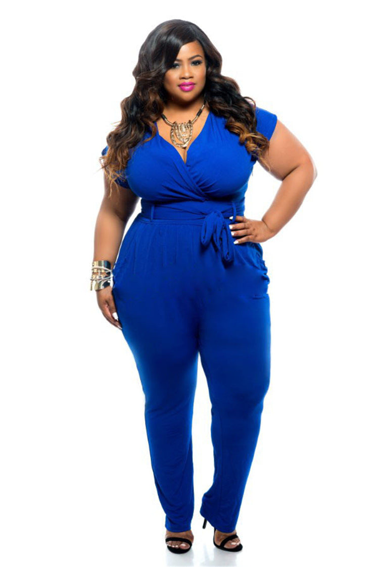 Plus Size V-neck Women's Clothing Solid Color Jumpsuit