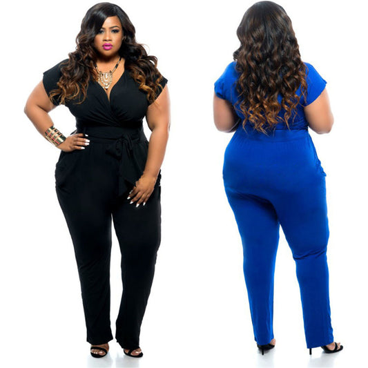 Plus Size V-neck Women's Clothing Solid Color Jumpsuit