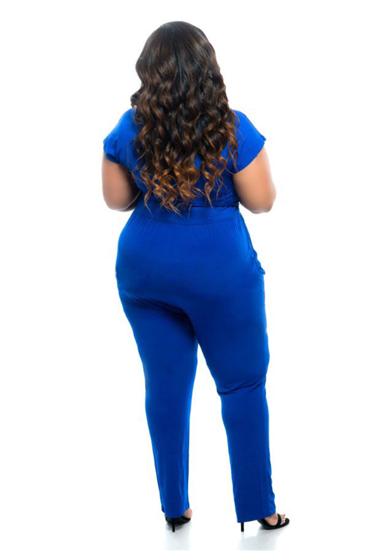 Plus Size V-neck Women's Clothing Solid Color Jumpsuit