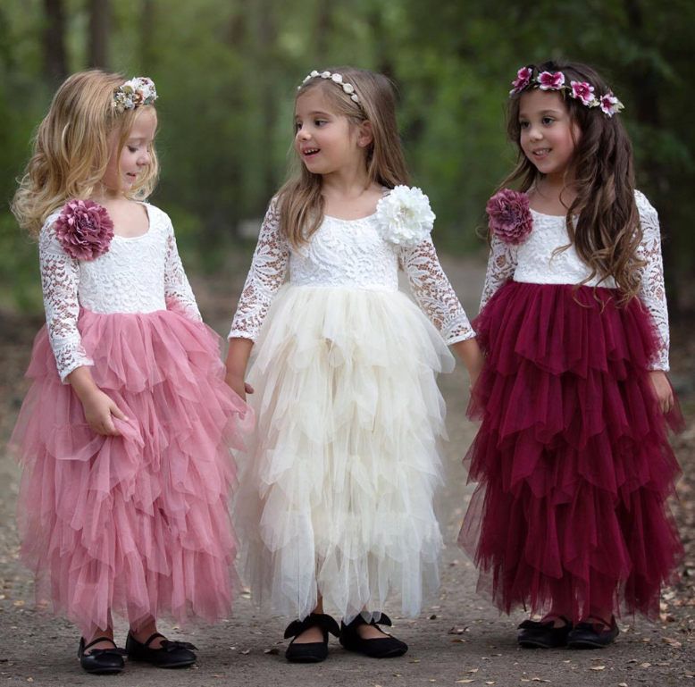 Girls Lace Long-sleeved White Princess Dress