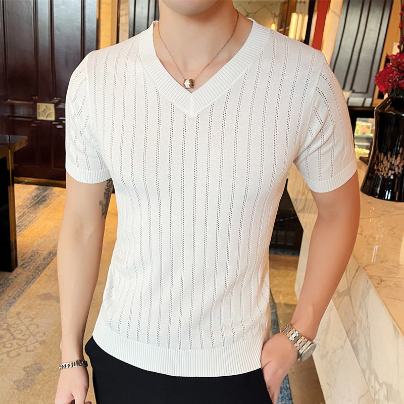 Men's Short Sleeve Hollow-out Half-sleeved Ice Silk Crew Neck T-shirt