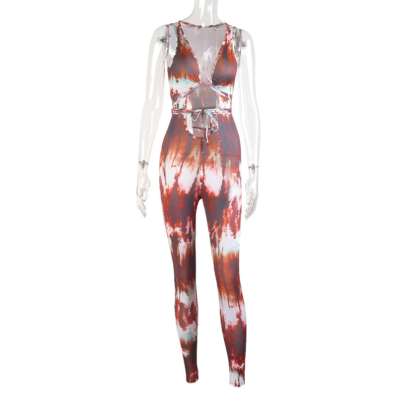 Tie-dye suspender casual jumpsuit