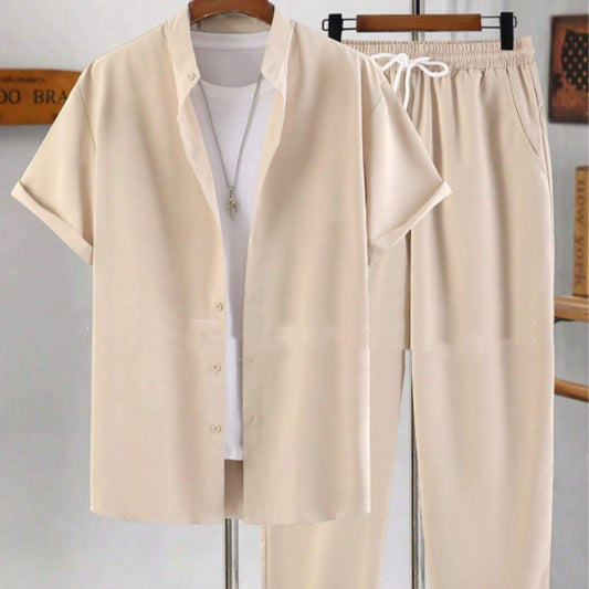 Men's Short Sleeve Cardigan Stand Collar Shirt Pants Suit