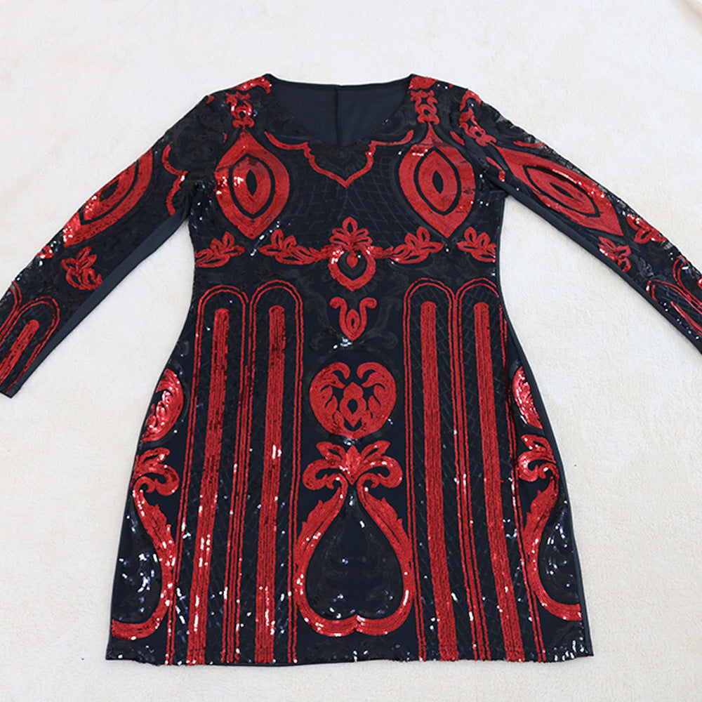 Large Size Red Sequin V-neck Dress