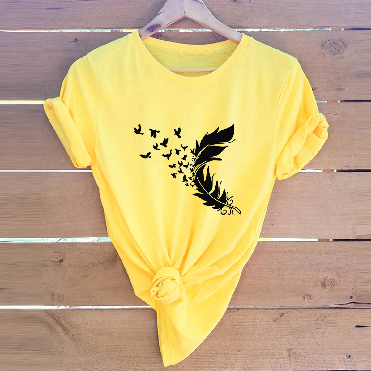 Summer Plus Size Women New Feather Print T-Shirt