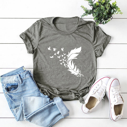 Summer Plus Size Women New Feather Print T-Shirt