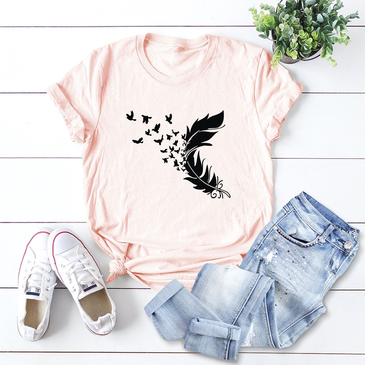 Summer Plus Size Women New Feather Print T-Shirt