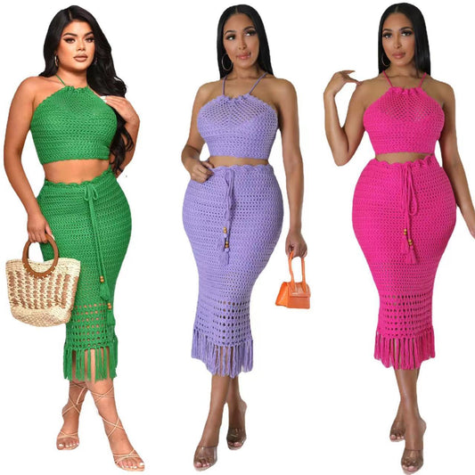 Tassel Fishing Net Knitted Casual Two-piece Set