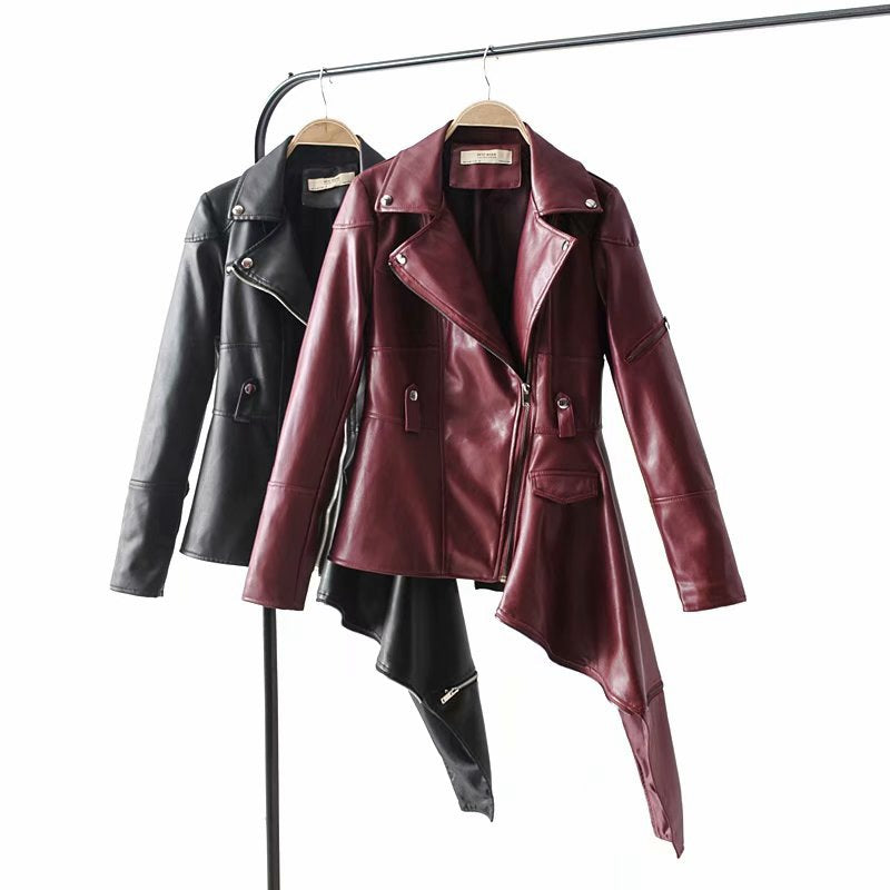 Women's Slim Fit, Lapel, Long Sleeves, irregular Hem Leather Clothing