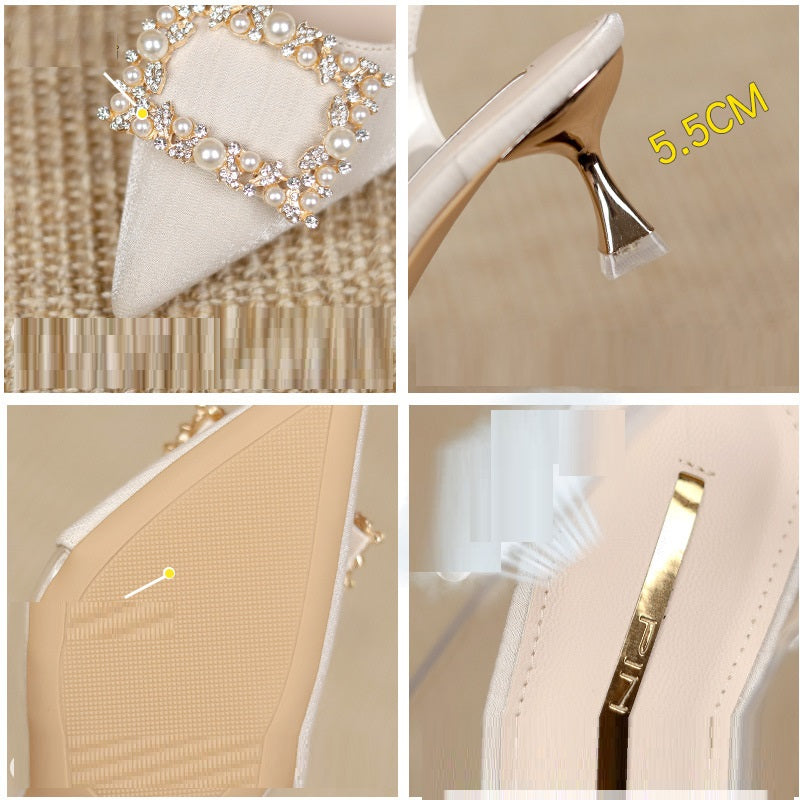 Buckle Pointed Thin Heel Rhinestone Sandals