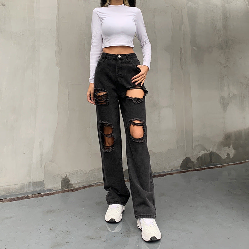 Casual Trendy Jeans With Ripped Raw Edges