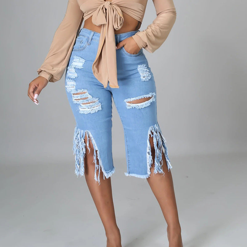 Ripped Elastic Fringed High Waist Knee-length Slim Fit Jeans