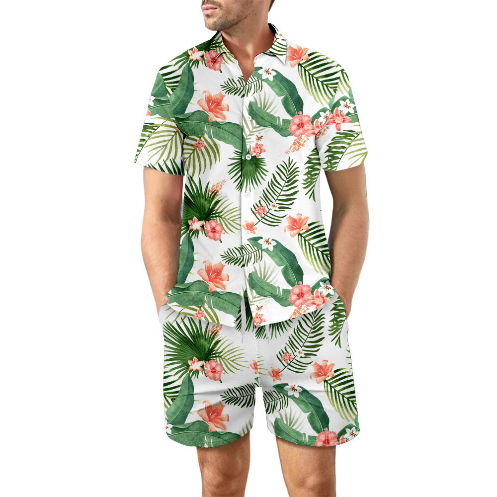 2Pcs Loose Lapel Printed Beach Summer Suit