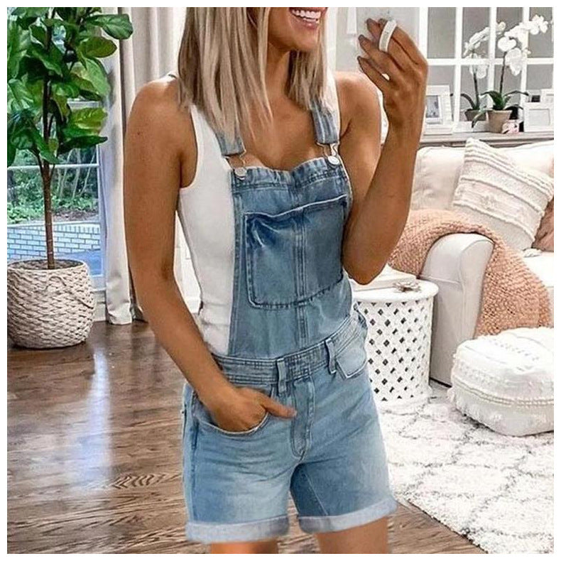 Washed Denim Overalls Shorts