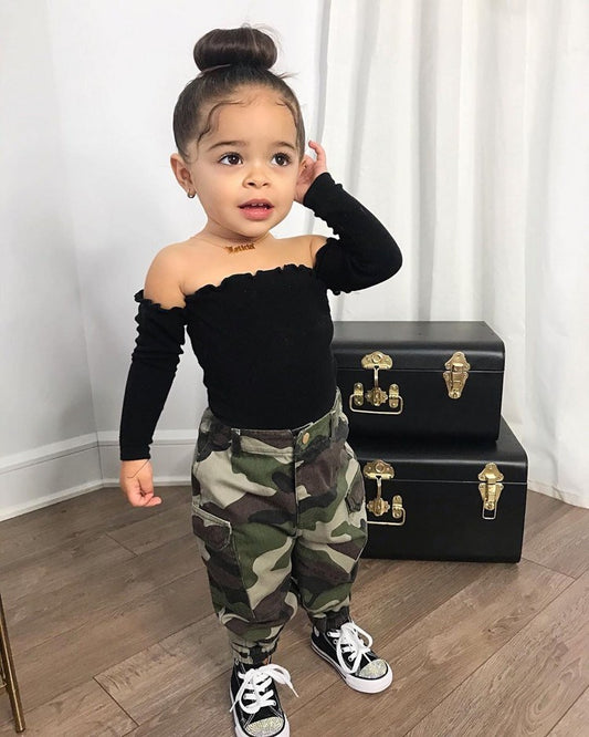 Two Piece Army Camouflage Pants and Off the Shoulder Top