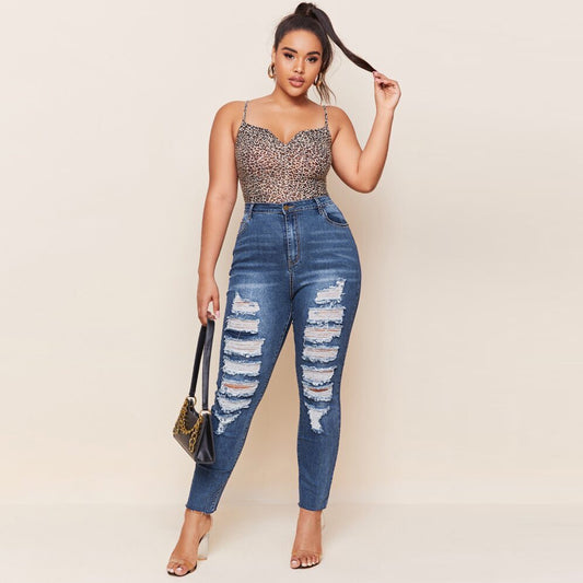 Washed Ripped Fat Plus Size Pencil Pants