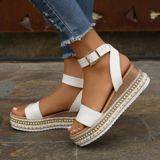 Summer Buckle Strap Hemp Wedge Platform Sandals