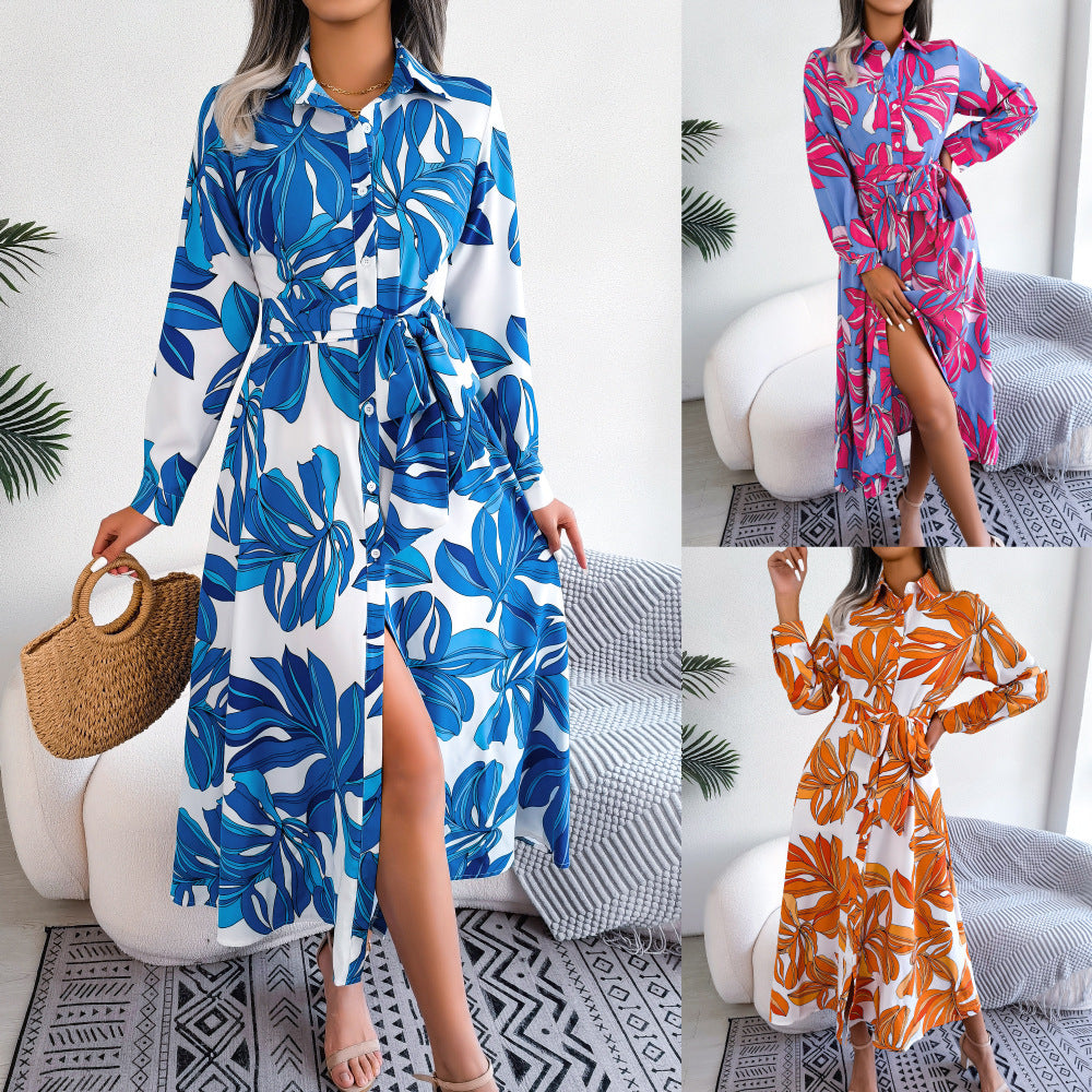 Contrast Color Flower Tied Shirt Dress