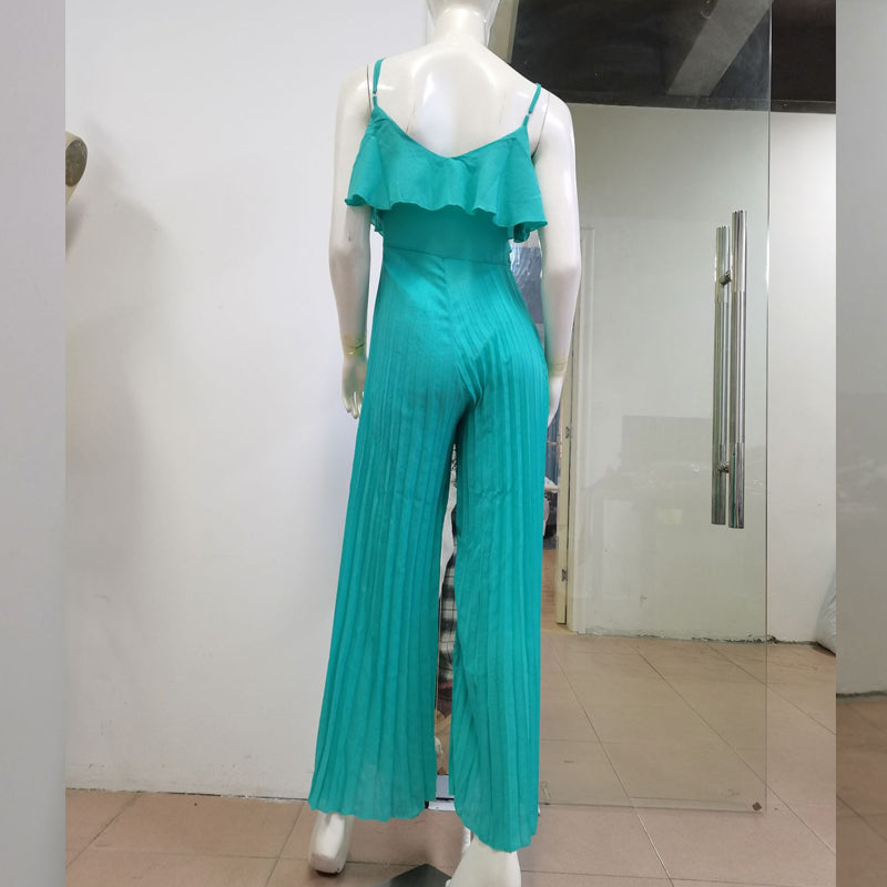 Suspender Pleated Wide Leg Ruffled Jumpsuit