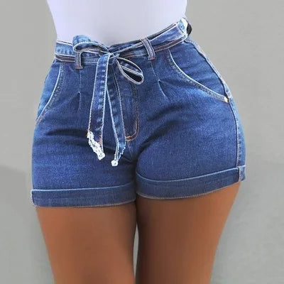 Belt Washed Micro-elastic Denim Shorts