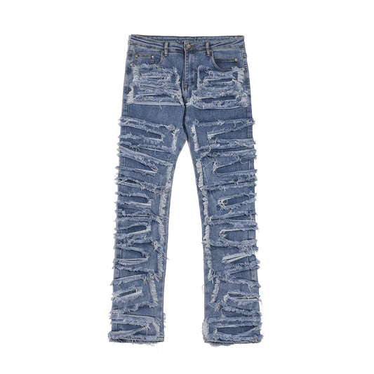 Ripped Patch Whisker Blue Jeans