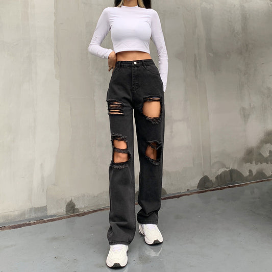 Casual Trendy Jeans With Ripped Raw Edges