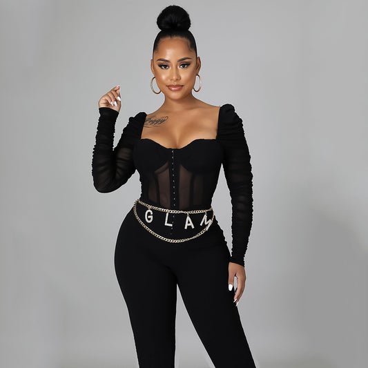 Autumn Sexy Tight Mesh Jumpsuit