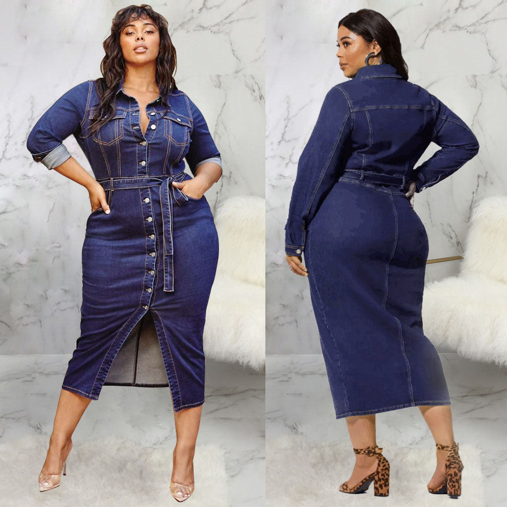 Fashion Plus Size Denim Casual Long Sleeve Dress