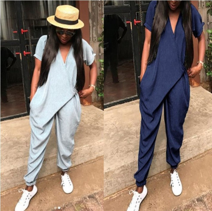 Short Sleeve Deep V Loose Jumpsuit