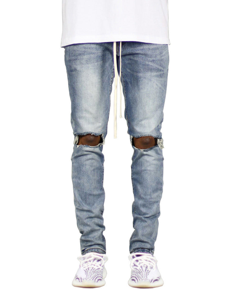 Trendy Big Ripped Men's Lace-Up Zip-Up Jeans