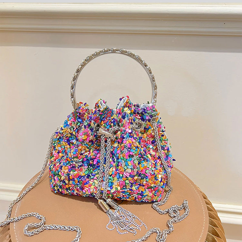 Chain Tassel Sequins One Shoulder Bucket Bag